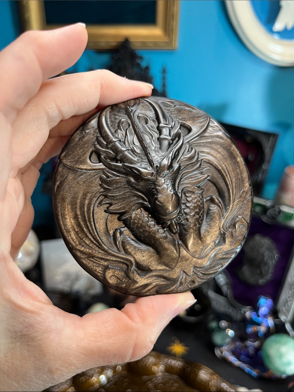 Silver and gold sheen obsidian dragon cabachon